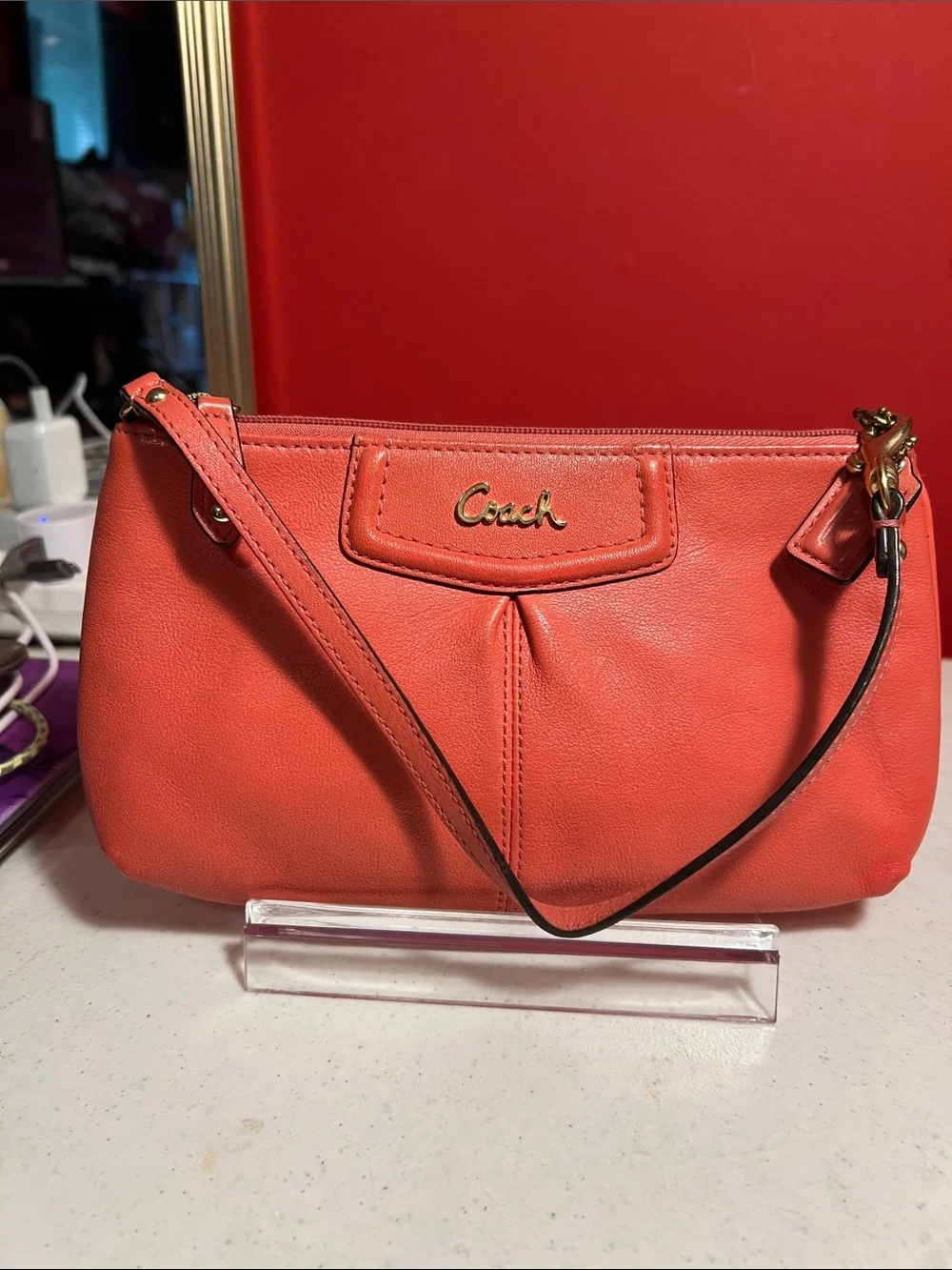 Coach Coral Orange Leather Wristlet with Gold Hardware